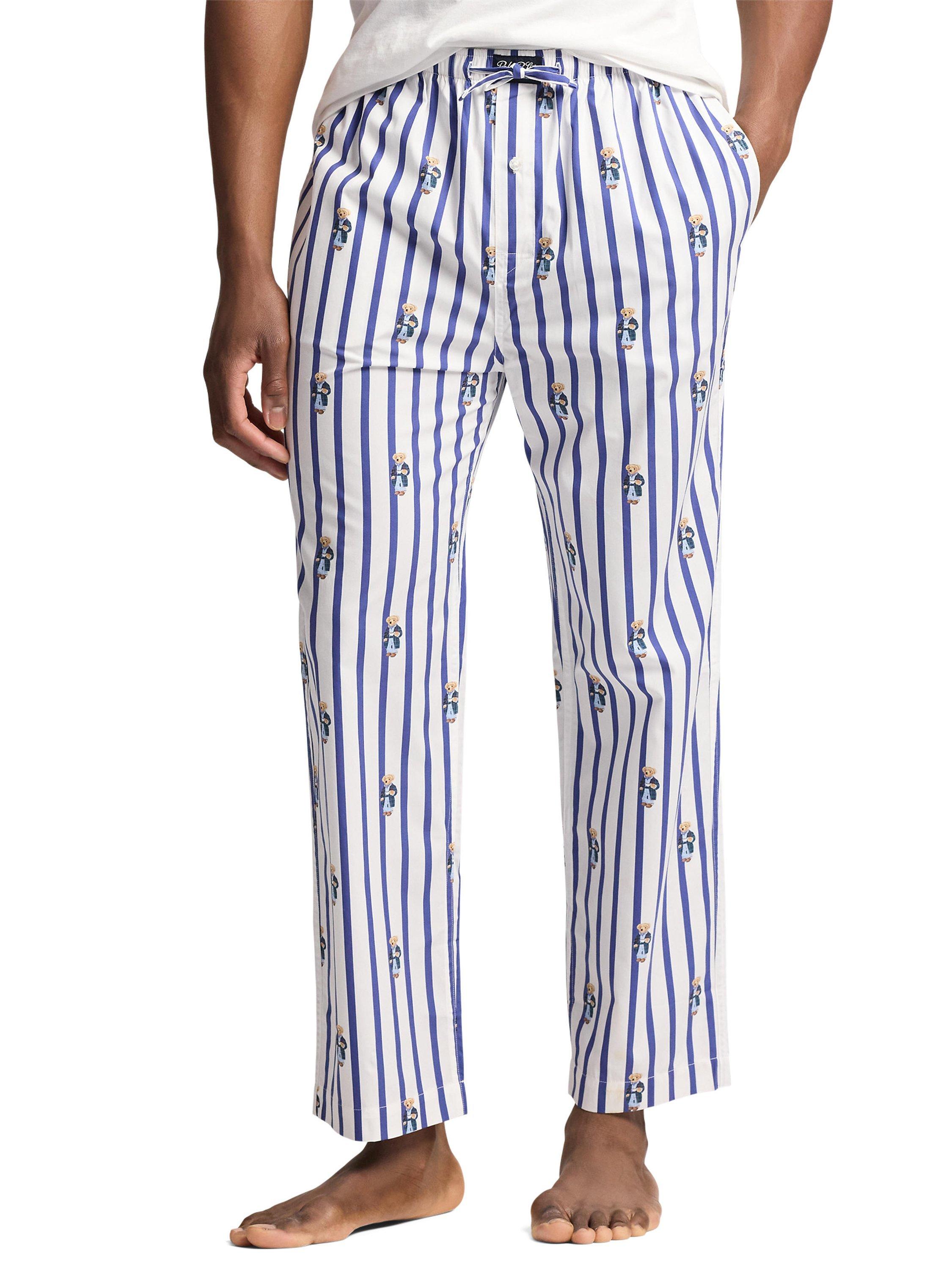 Product image 1 of 4, which shows Ralph Lauren Cotton Bear Stripe Pyjama Trousers, Blue Stripe, S