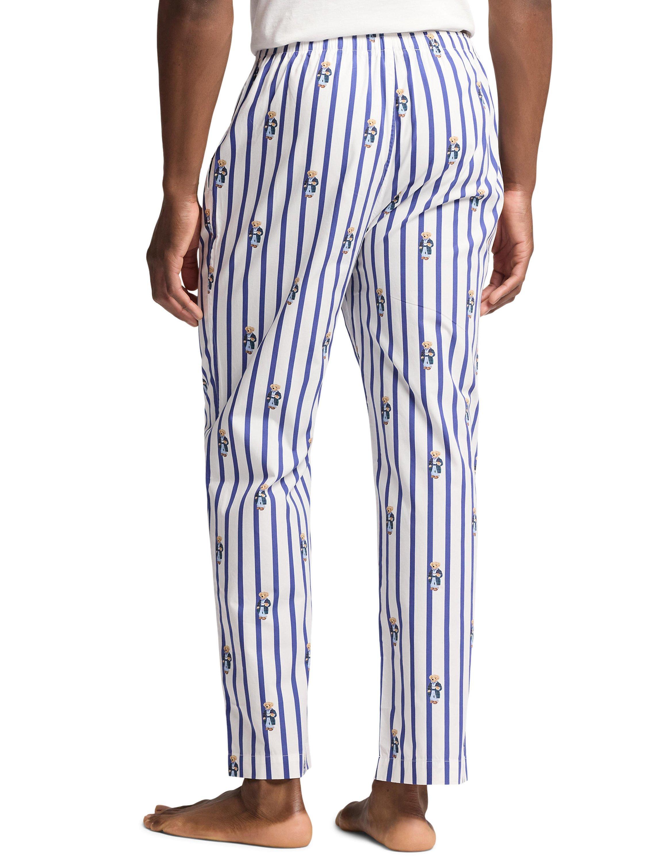 Product image 2 of 4, which shows Ralph Lauren Cotton Bear Stripe Pyjama Trousers, Blue Stripe, S