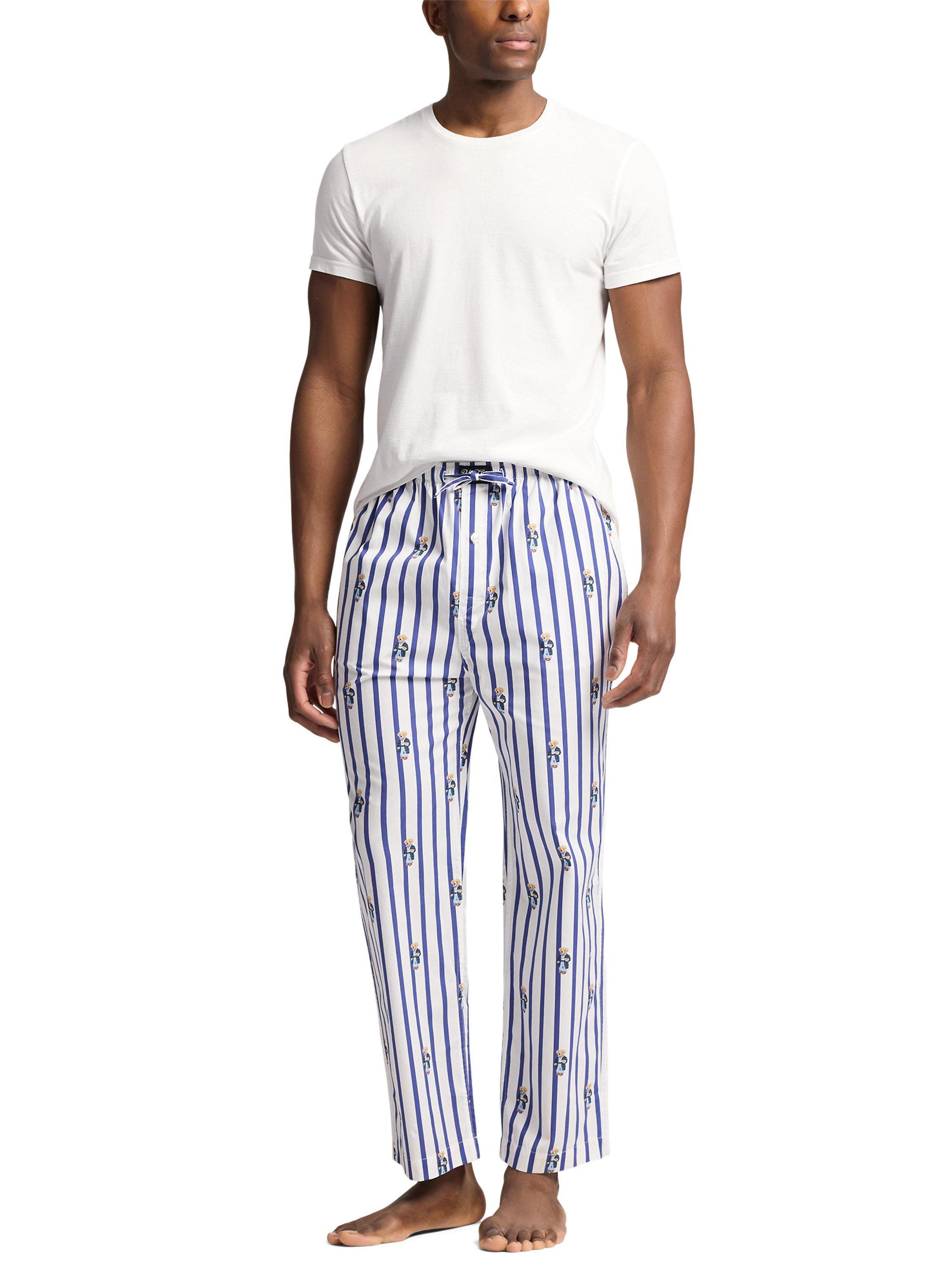 Product image 3 of 4, which shows Ralph Lauren Cotton Bear Stripe Pyjama Trousers, Blue Stripe, S