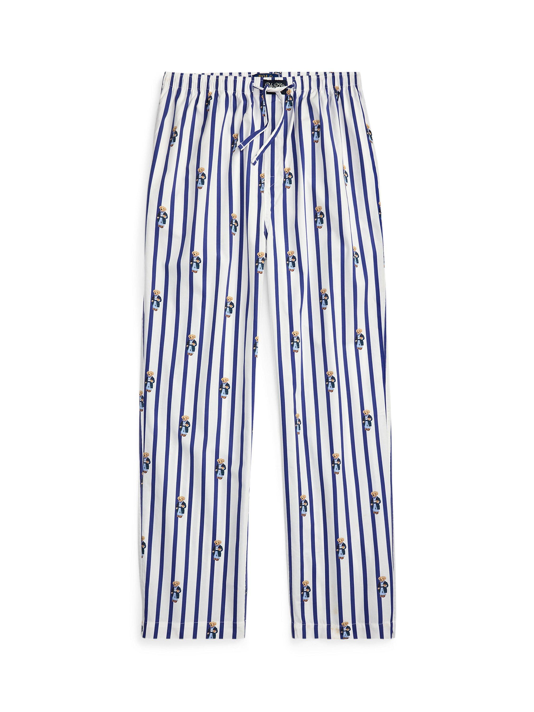 Product image 4 of 4, which shows Ralph Lauren Cotton Bear Stripe Pyjama Trousers, Blue Stripe, S