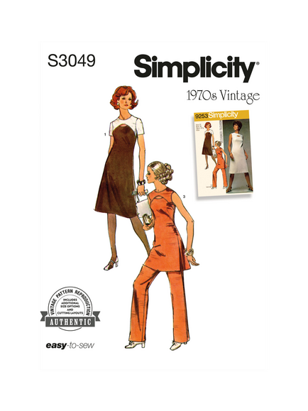 Simplicity Misses' 1970s Vintage Dress, Tunic and Pants Sewing Pattern, S3049, Multi