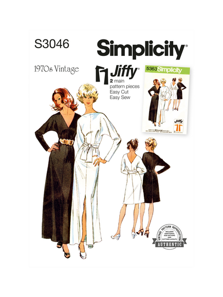 Simplicity Misses' 1970s Vintage Knit Dress with Sash Sewing Pattern, S3046, Multi
