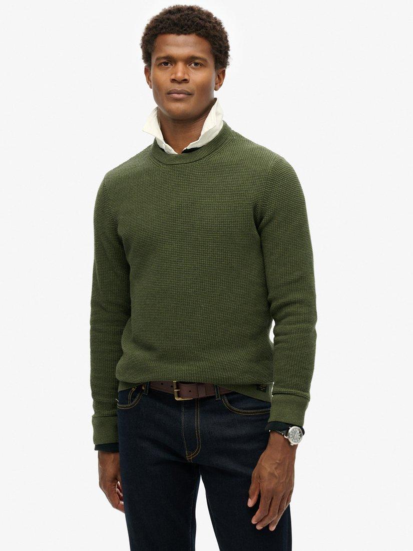 Product image 1 of 4, which shows Superdry Textured Crew Knitted Jumper, Thyme Green, S