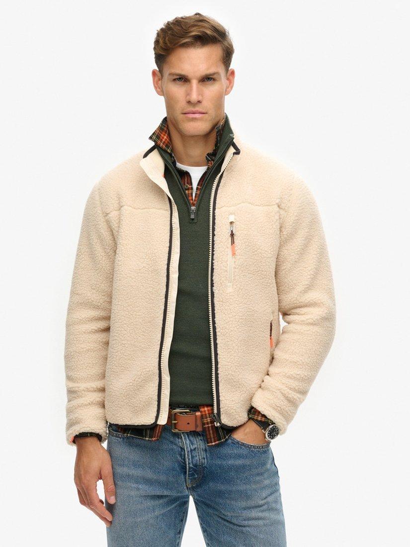 Product image 1 of 6, which shows Superdry Outdoor Full Zip Fleece Top, Oatmeal Beige, S