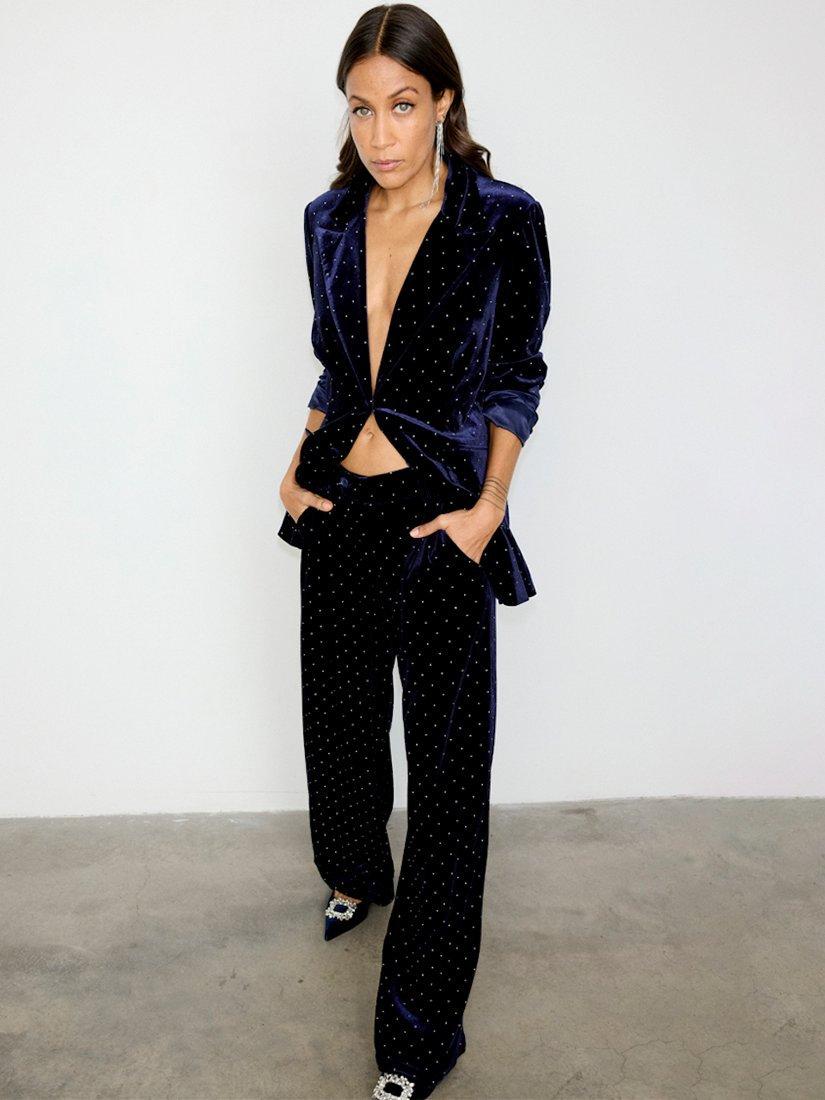 Product image 2 of 6, which shows Never Fully Dressed Arden Diamante Velvet Trousers, Navy, 22