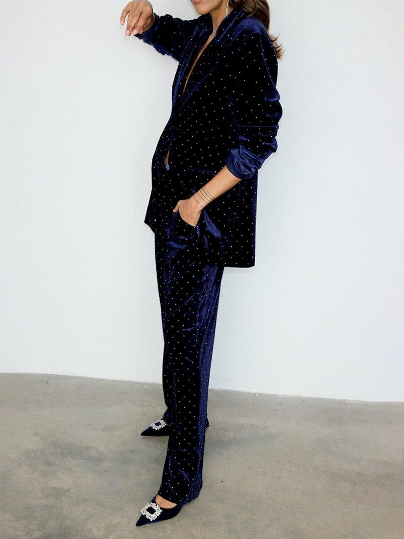 Product image 5 of 6, which shows Never Fully Dressed Arden Diamante Velvet Trousers, Navy, 22