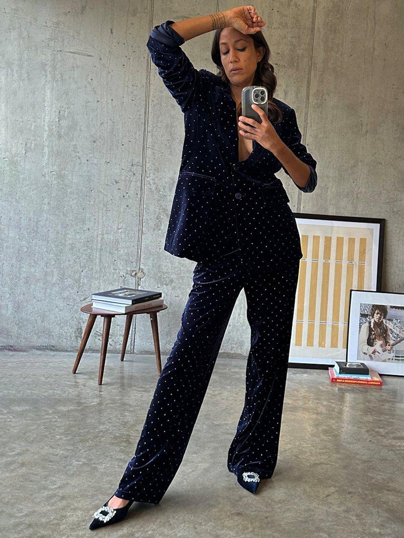 Product image 6 of 6, which shows Never Fully Dressed Arden Diamante Velvet Trousers, Navy, 22