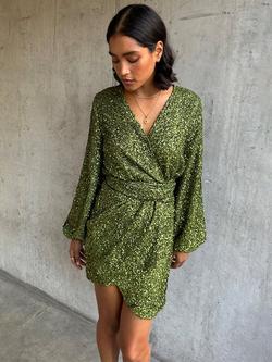 Never Fully Dressed Sequined Mini Vienna Dress, Olive - view 2, Olive