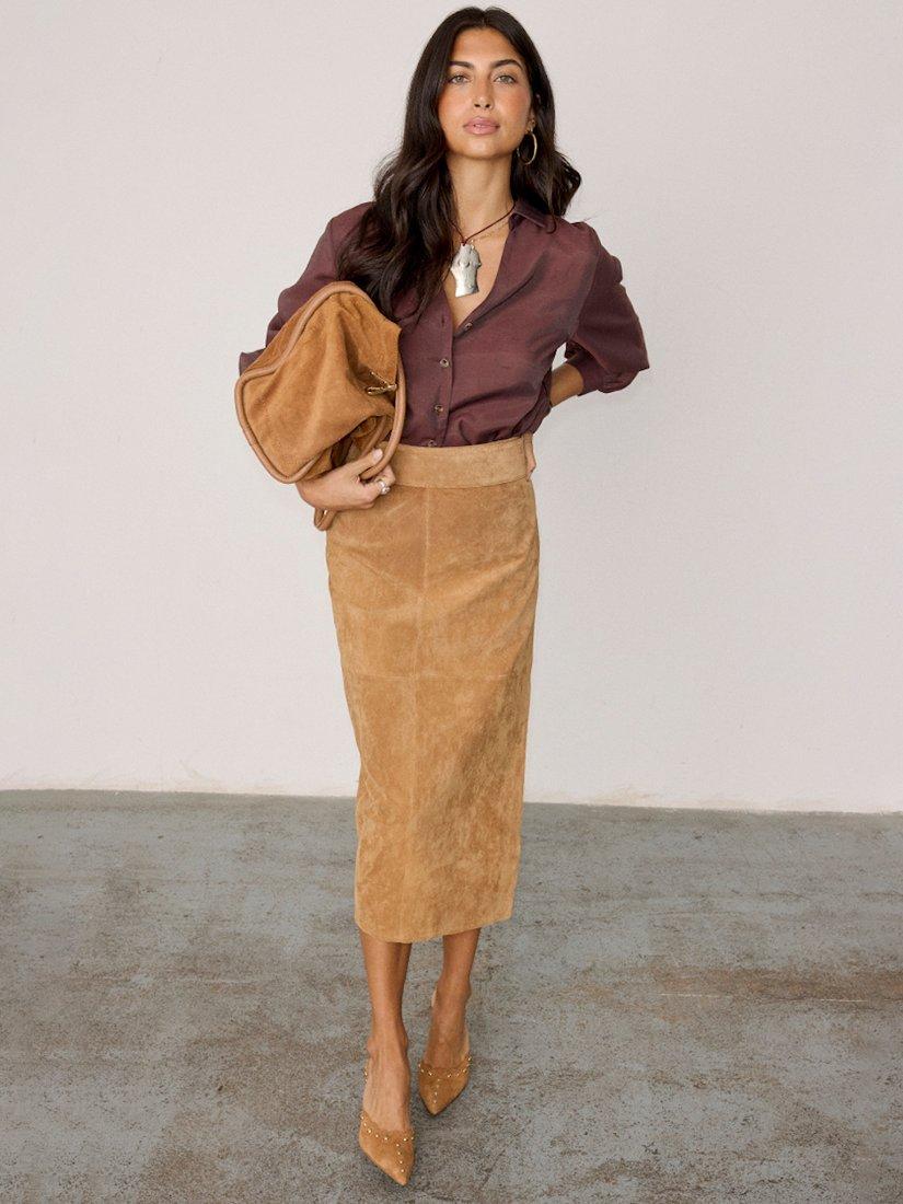 Product image 1 of 7, which shows Never Fully Dressed Jaspre Suede Skirt, Tan, 6