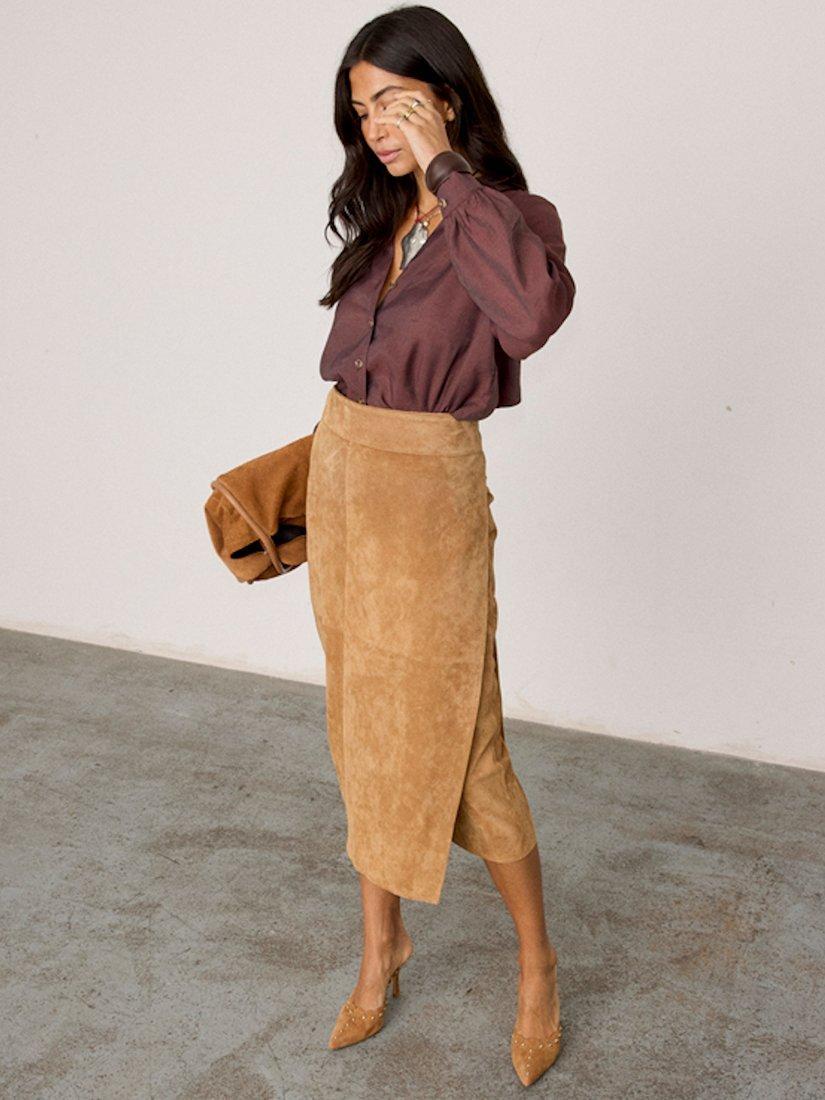 Product image 2 of 7, which shows Never Fully Dressed Jaspre Suede Skirt, Tan, 6
