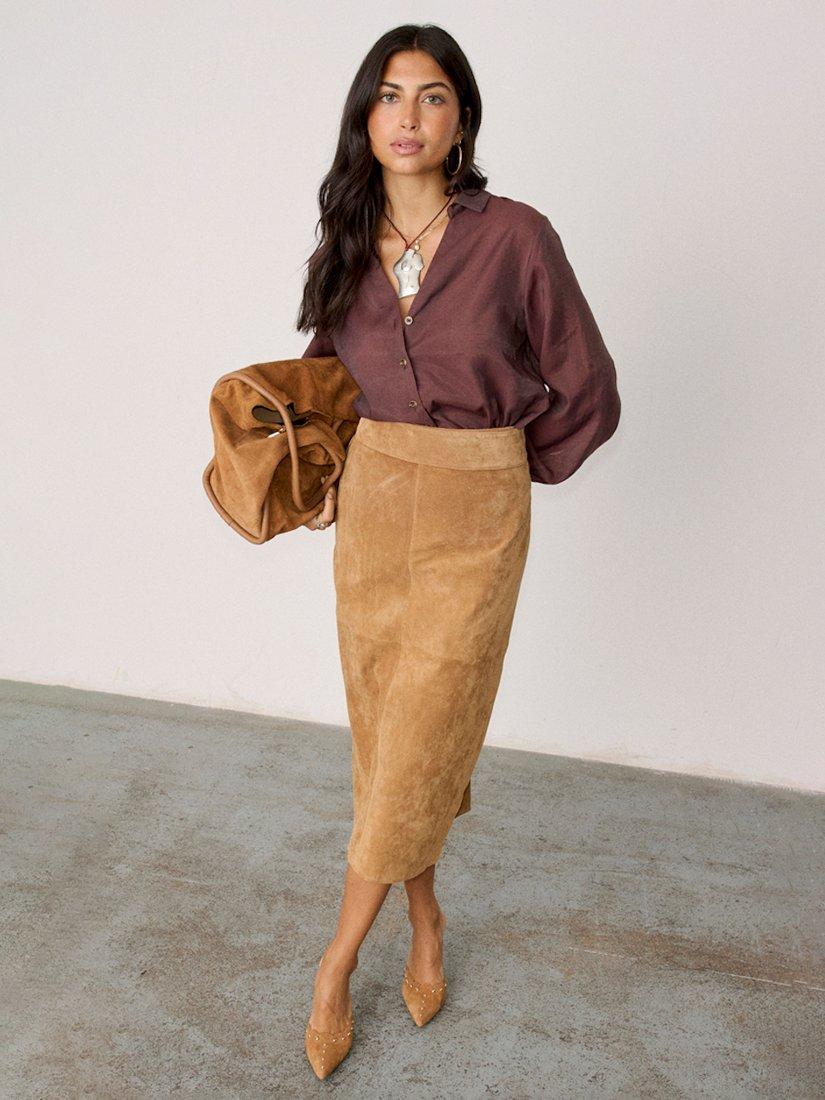Product image 6 of 7, which shows Never Fully Dressed Jaspre Suede Skirt, Tan, 6
