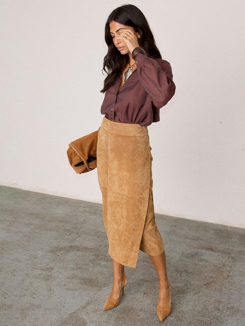 Product image 7 of 7, which shows Never Fully Dressed Jaspre Suede Skirt, Tan, 6