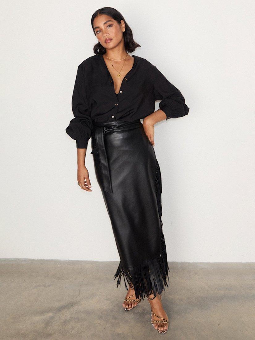 Never Fully Dressed Jaspre Faux Leather Fringe Midi Skirt Black