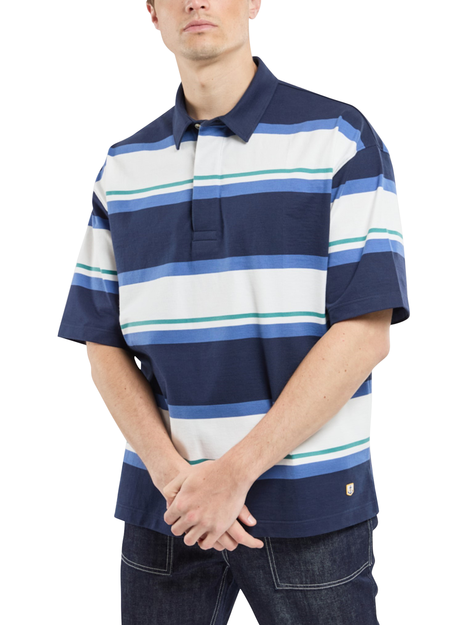 Product image 3 of 3, which shows Armor Lux Cotton Oversized Fit Short Sleeve Polo Shirt, Navy Obscure/Multi, M