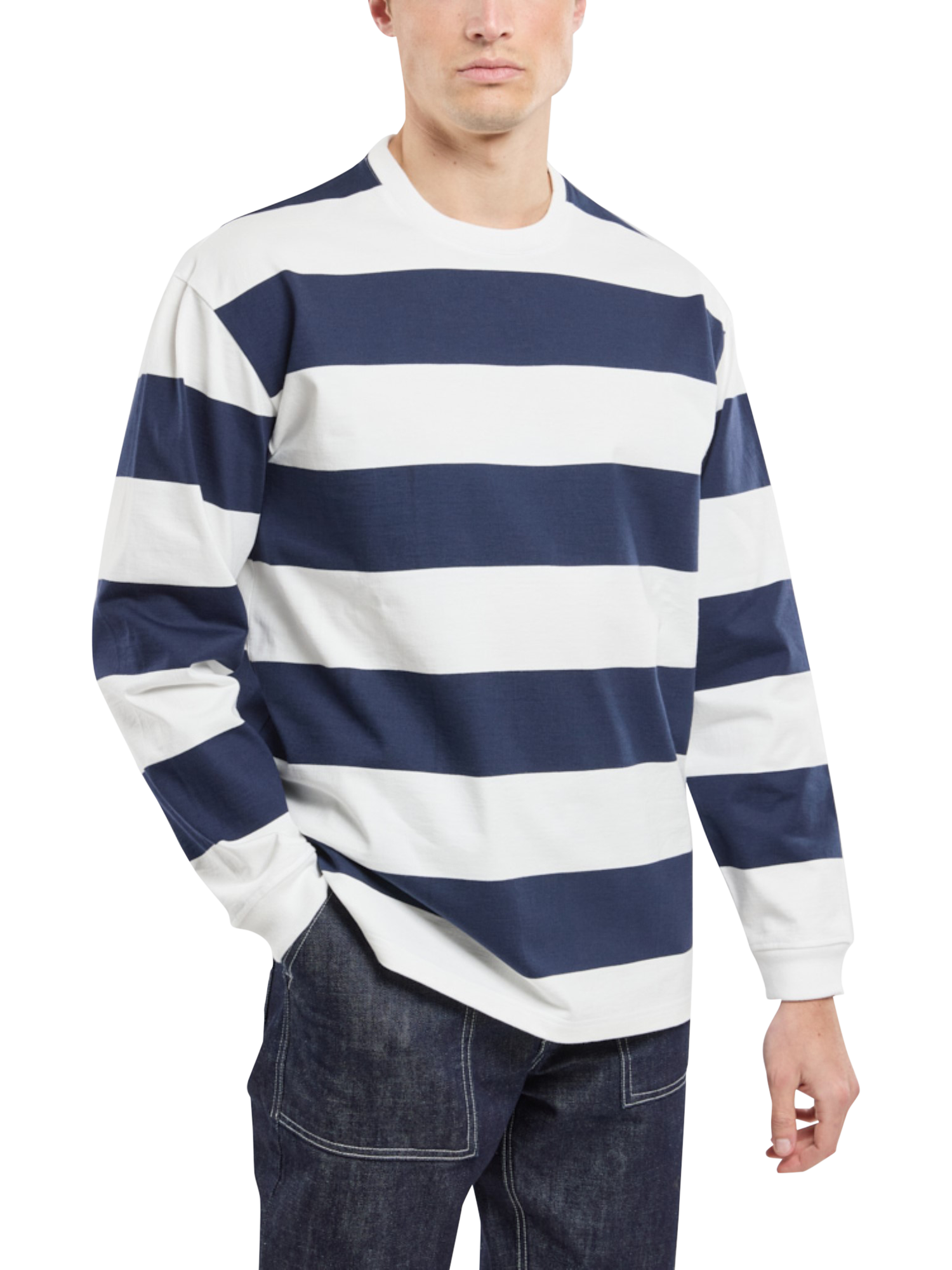 Product image 1 of 4, which shows Armor Lux Cotton Regular Fit Long Sleeve Stripe T-Shirt, Milk/Marine, S