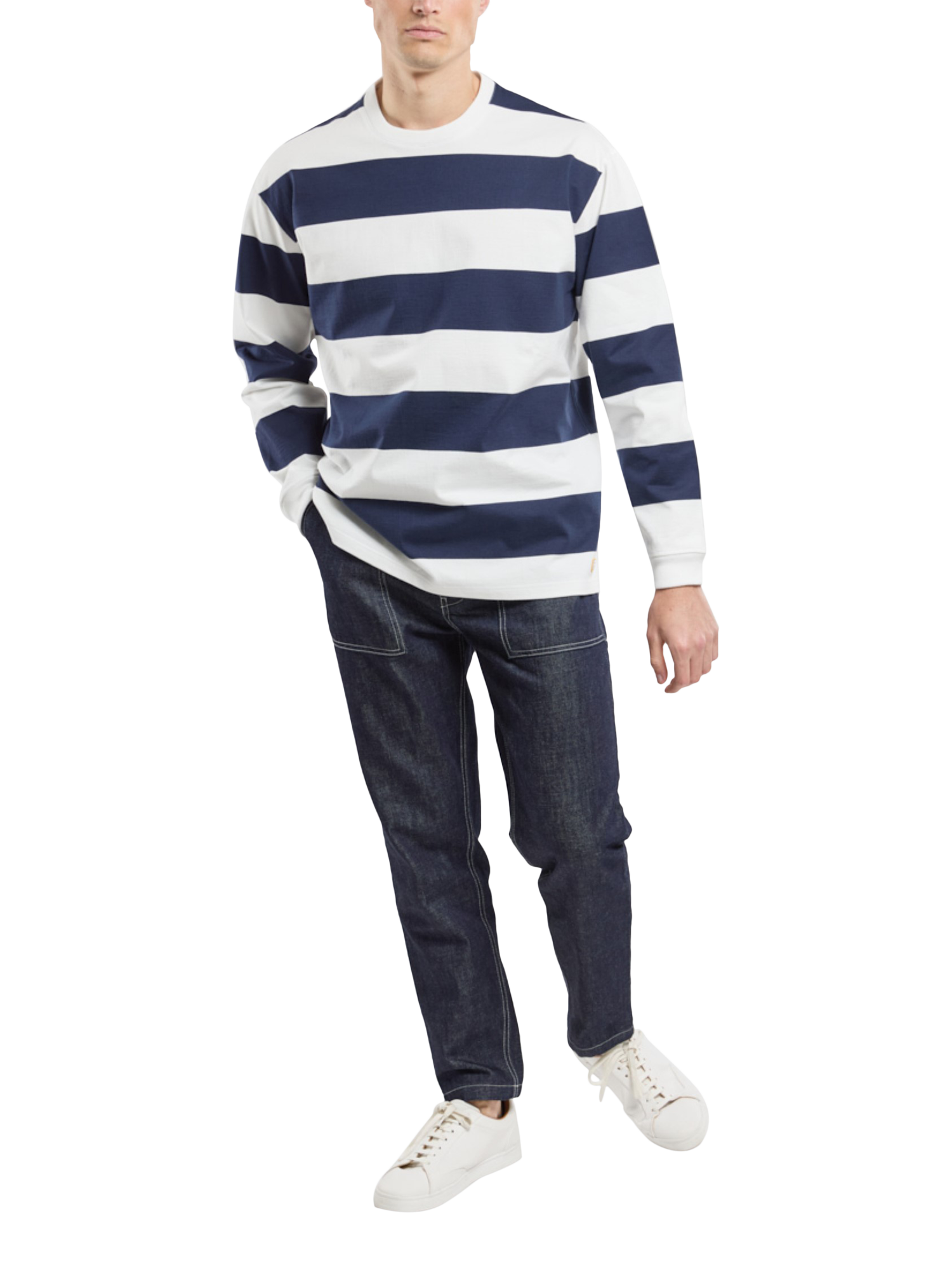 Product image 2 of 4, which shows Armor Lux Cotton Regular Fit Long Sleeve Stripe T-Shirt, Milk/Marine, S