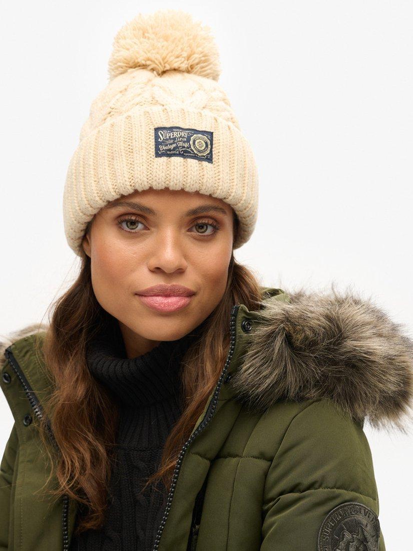Product image 2 of 4, which shows Superdry Chunky Cable Knit Beanie, Island Ecru, One Size