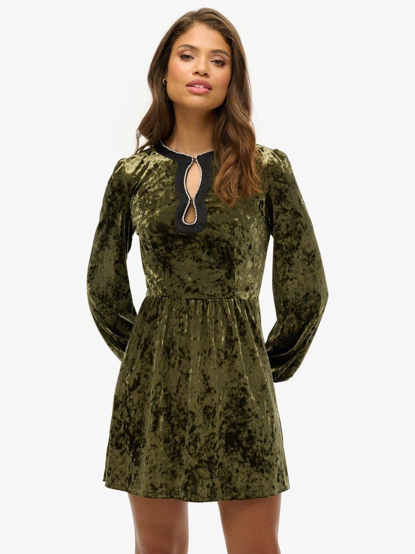 Superdry Diamante Velvet Mini Dress, Soft Khaki