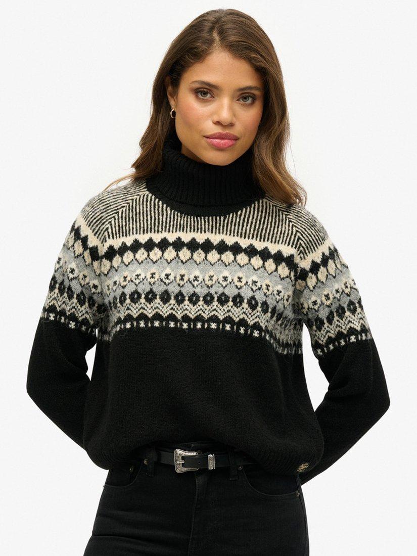 Superdry Fair Isle Roll Neck Jumper, Black