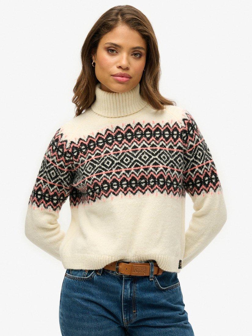 Superdry Fair Isle Roll Neck Jumper, Ecru