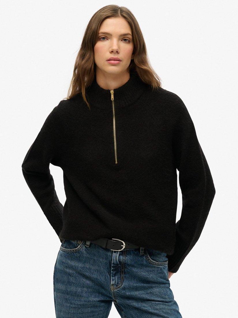 Product image 1 of 5, which shows Superdry Brushed 1/2 Zip Jumper, Black, 8
