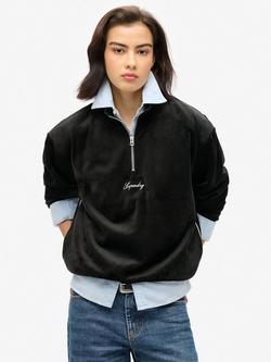 Superdry Country Club Velour Half Zip Jumper, Black, Black