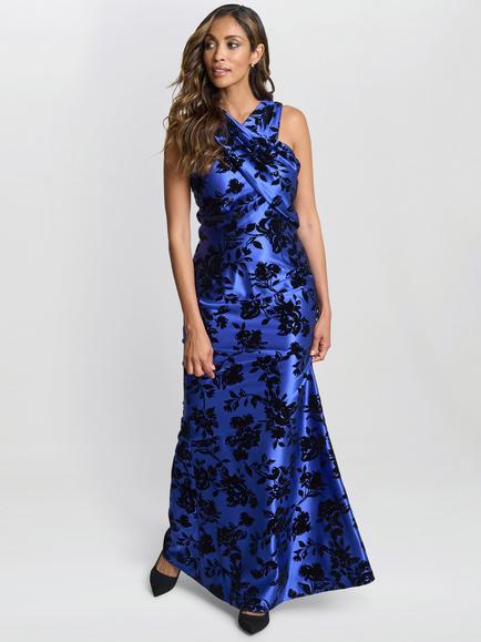 Gina Bacconi Flocked Taffeta Dress, Royal/Black, Royal/Black