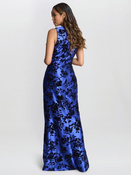 Gina Bacconi Flocked Taffeta Dress, Royal/Black - view 2, Royal/Black