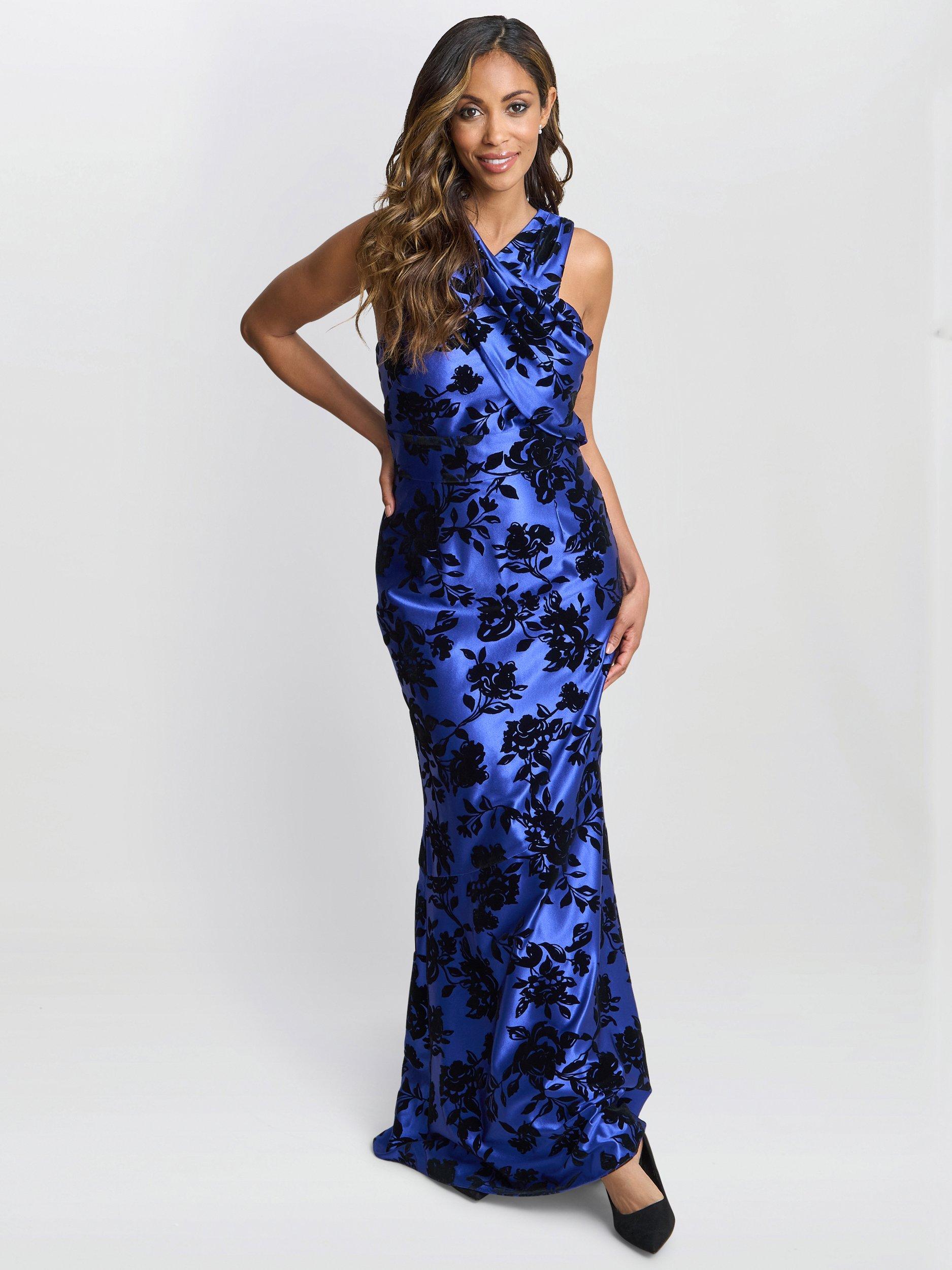 Product image 3 of 5, which shows Gina Bacconi Flocked Taffeta Dress, Royal/Black, 10