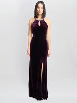 Gina Bacconi Velvet Bead Neckline Dress, Aubergine, Aubergine