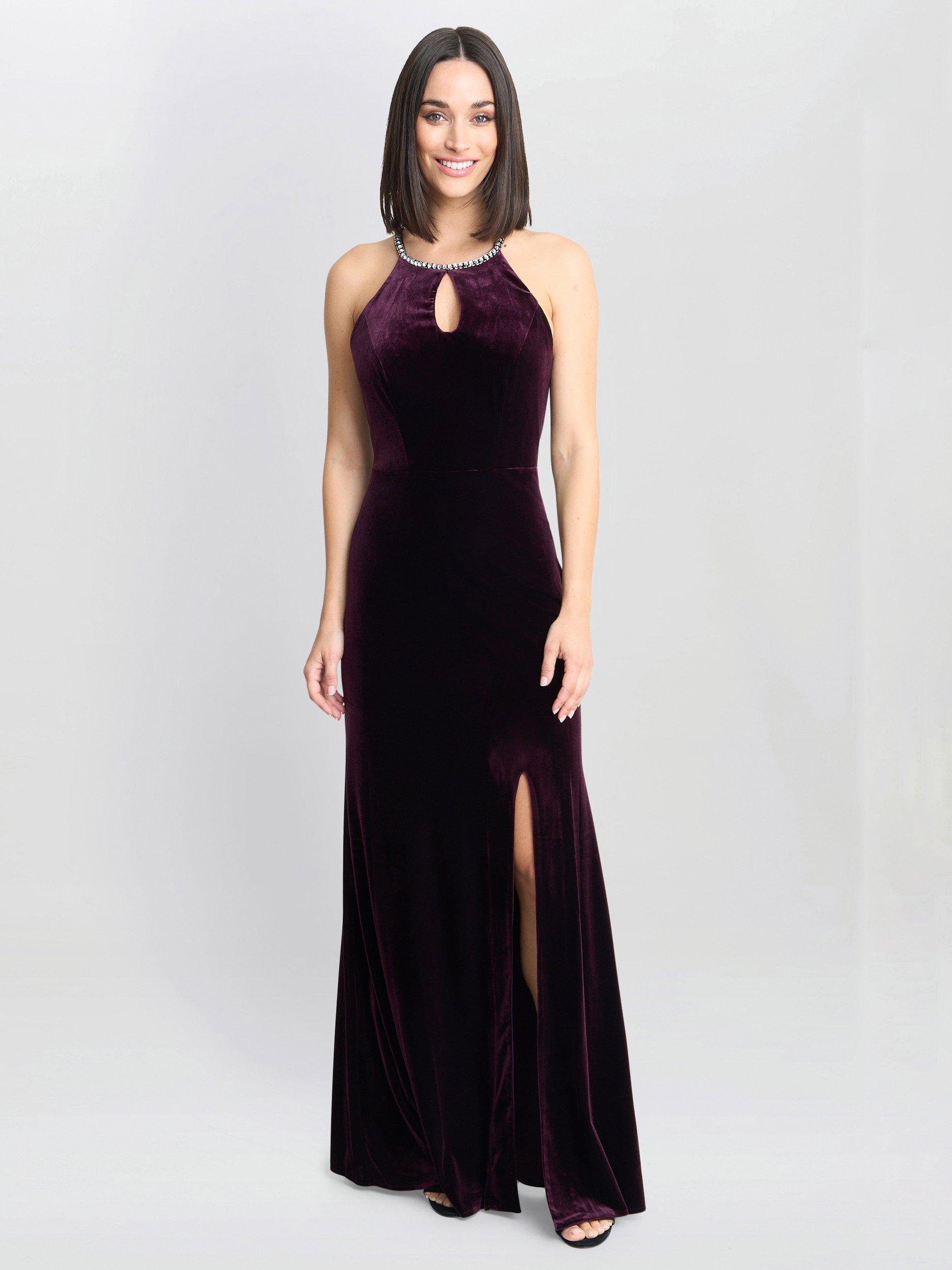 Product image 3 of 6, which shows Gina Bacconi Velvet Bead Neckline Dress, Aubergine, 8