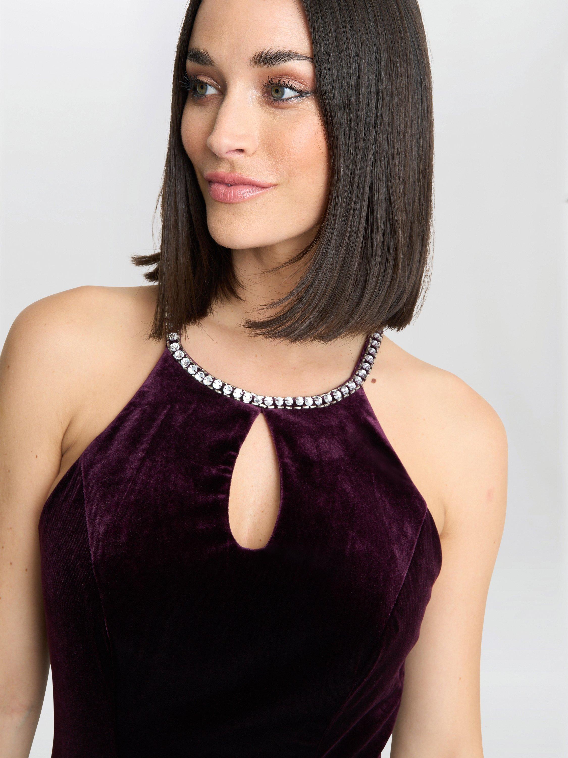 Product image 5 of 6, which shows Gina Bacconi Velvet Bead Neckline Dress, Aubergine, 8