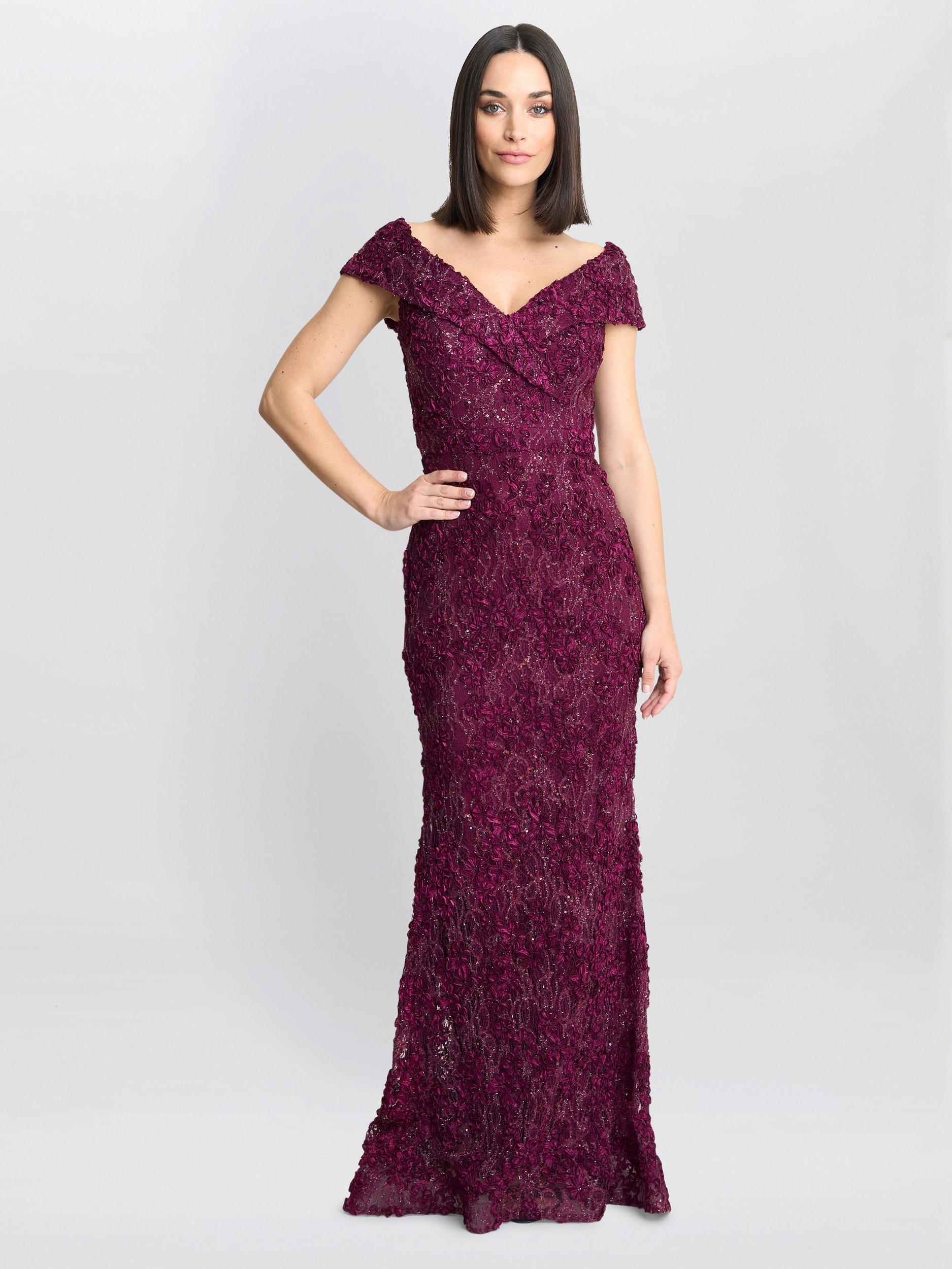 Product image 1 of 6, which shows Gina Bacconi Lace Off Shoulder Dress, Wine, 8