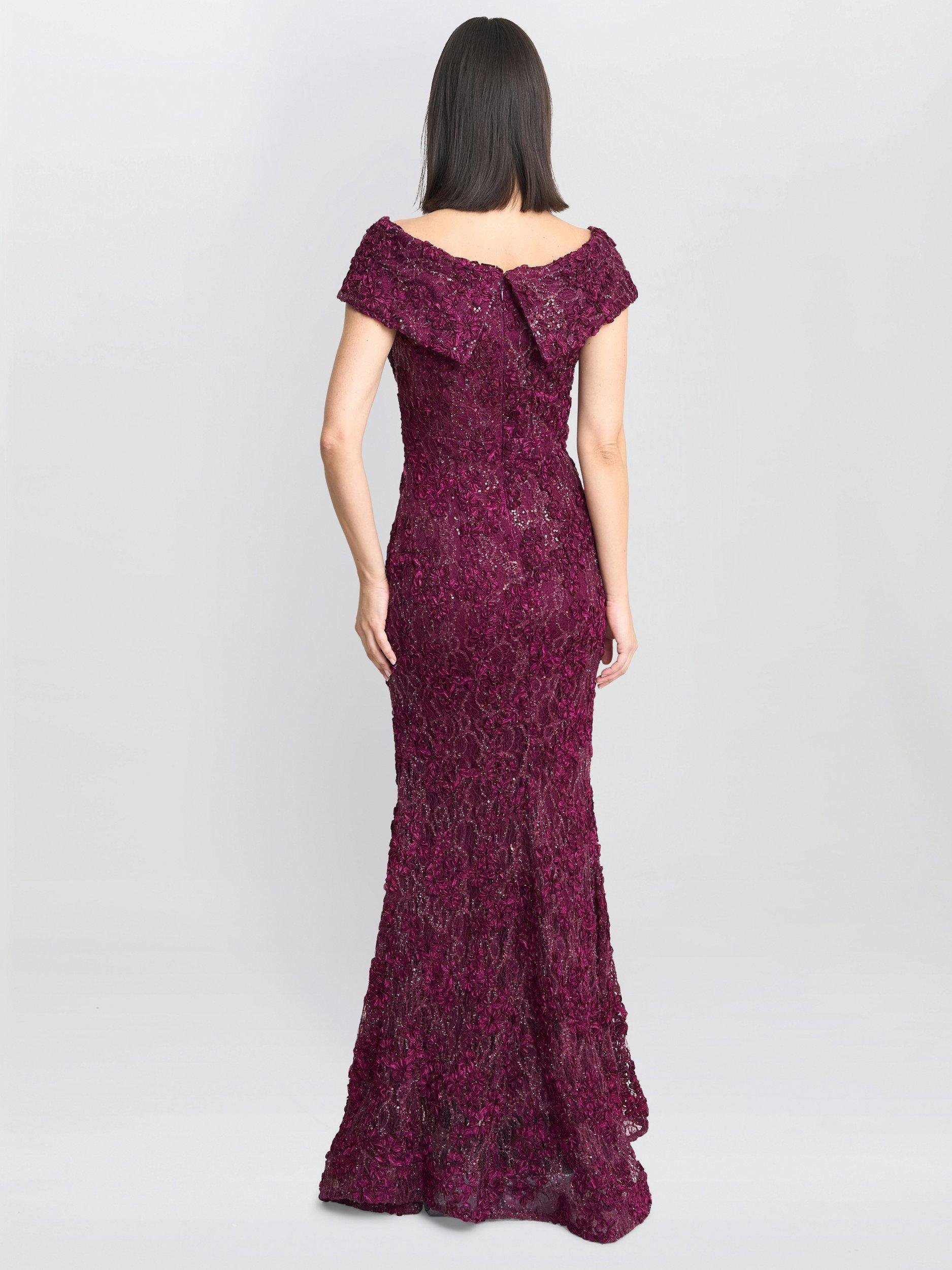 Product image 2 of 6, which shows Gina Bacconi Lace Off Shoulder Dress, Wine, 8