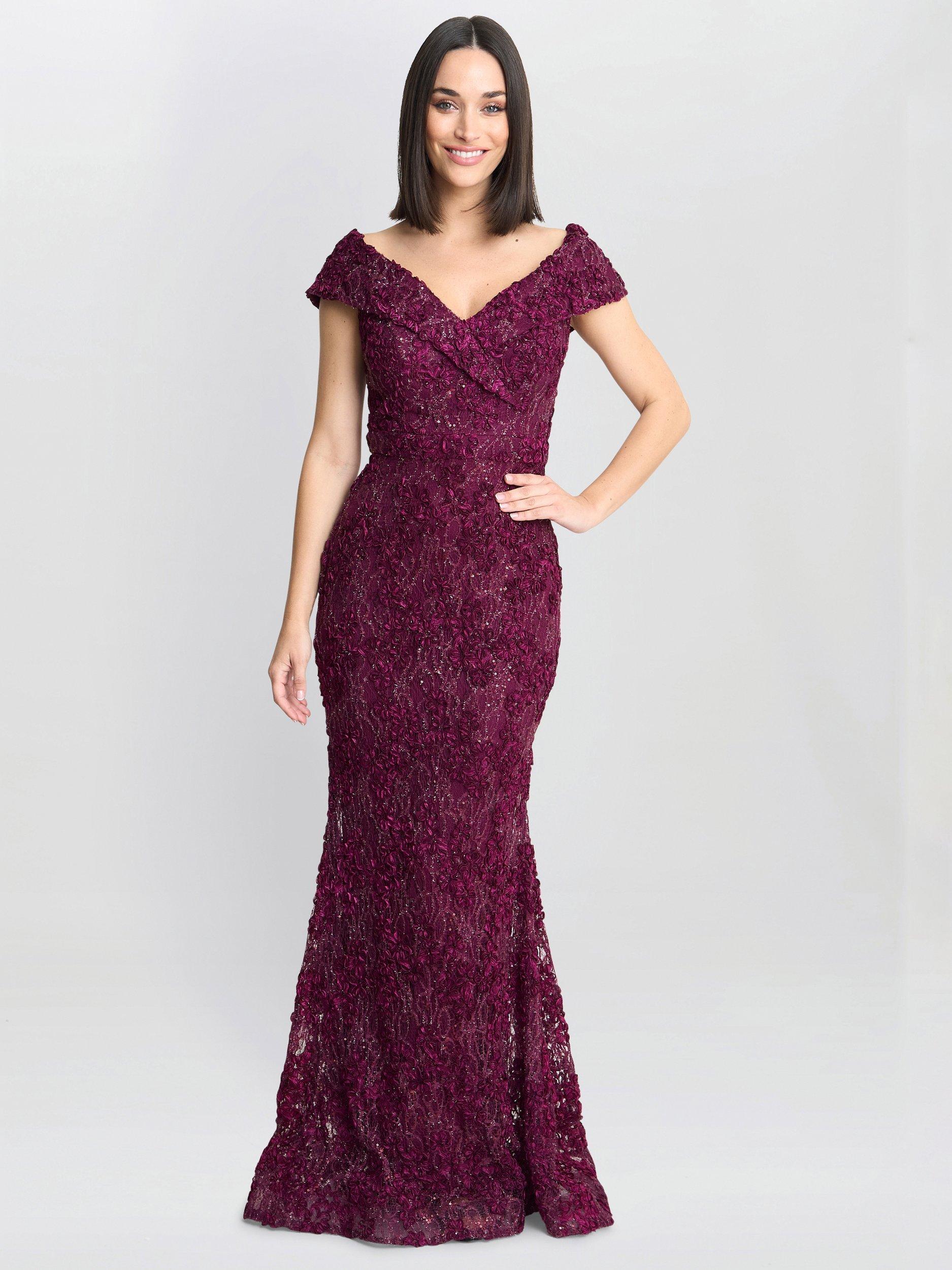 Product image 3 of 6, which shows Gina Bacconi Lace Off Shoulder Dress, Wine, 8
