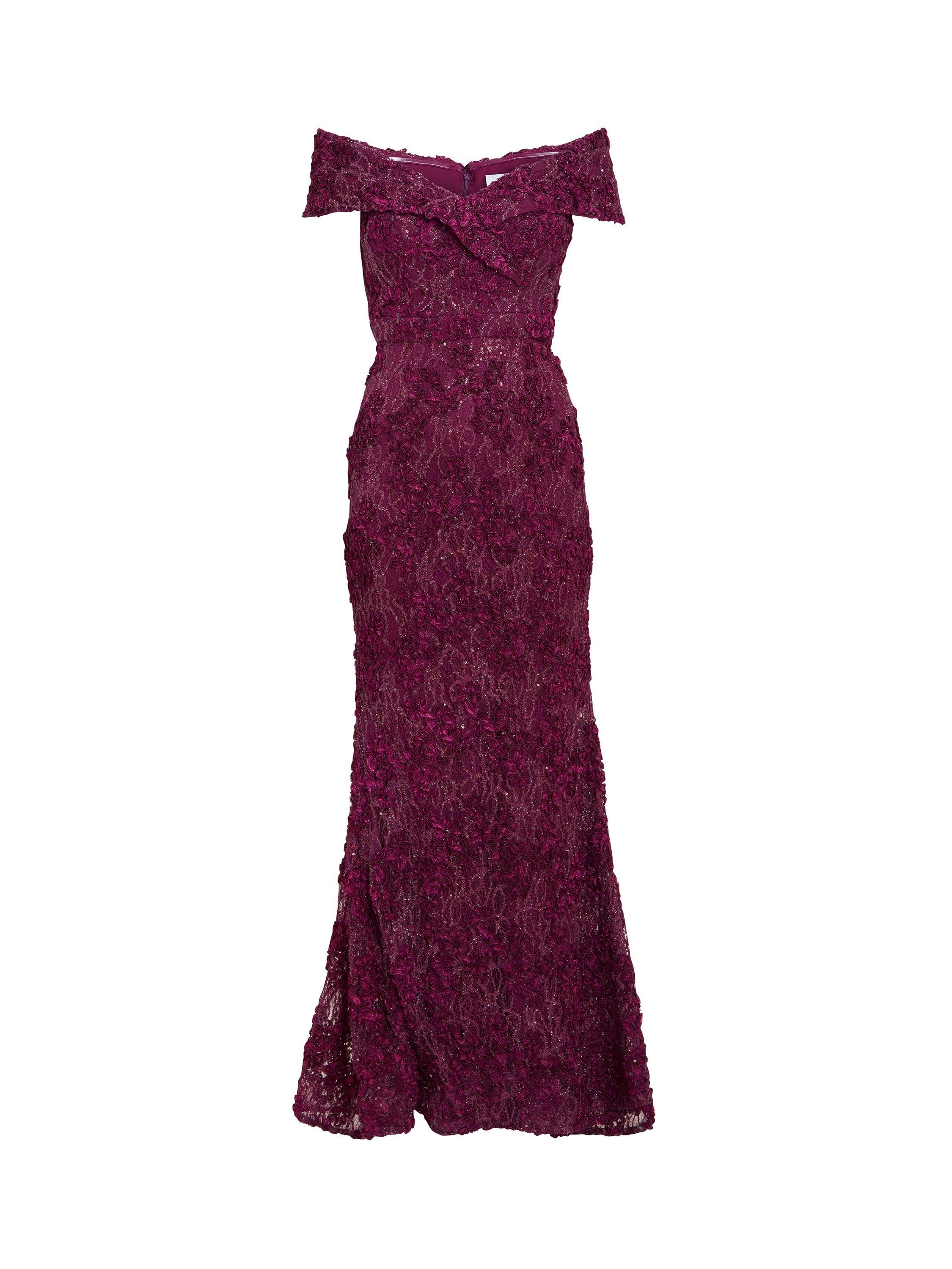 Product image 4 of 6, which shows Gina Bacconi Lace Off Shoulder Dress, Wine, 8