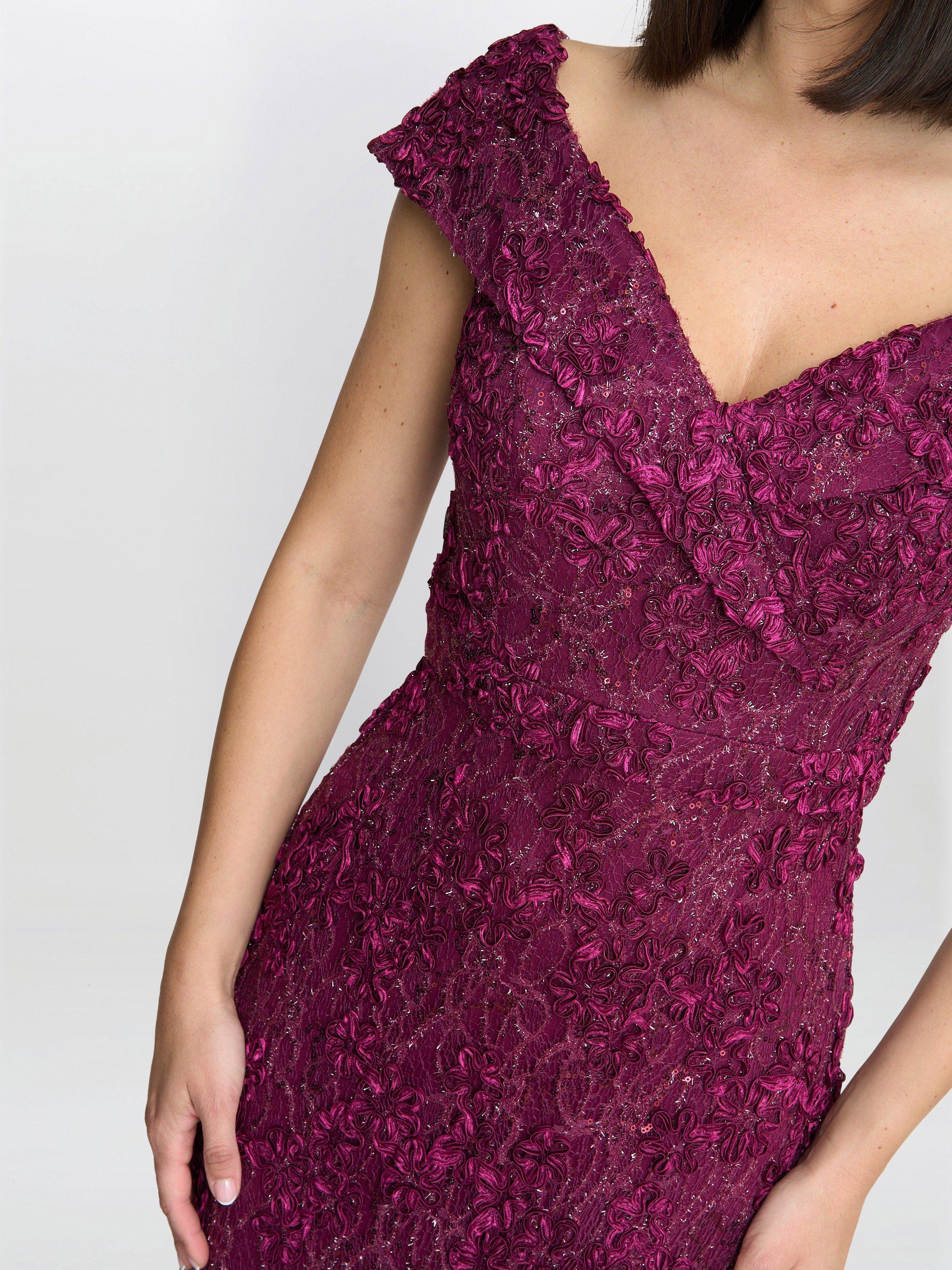 Product image 5 of 6, which shows Gina Bacconi Lace Off Shoulder Dress, Wine, 8