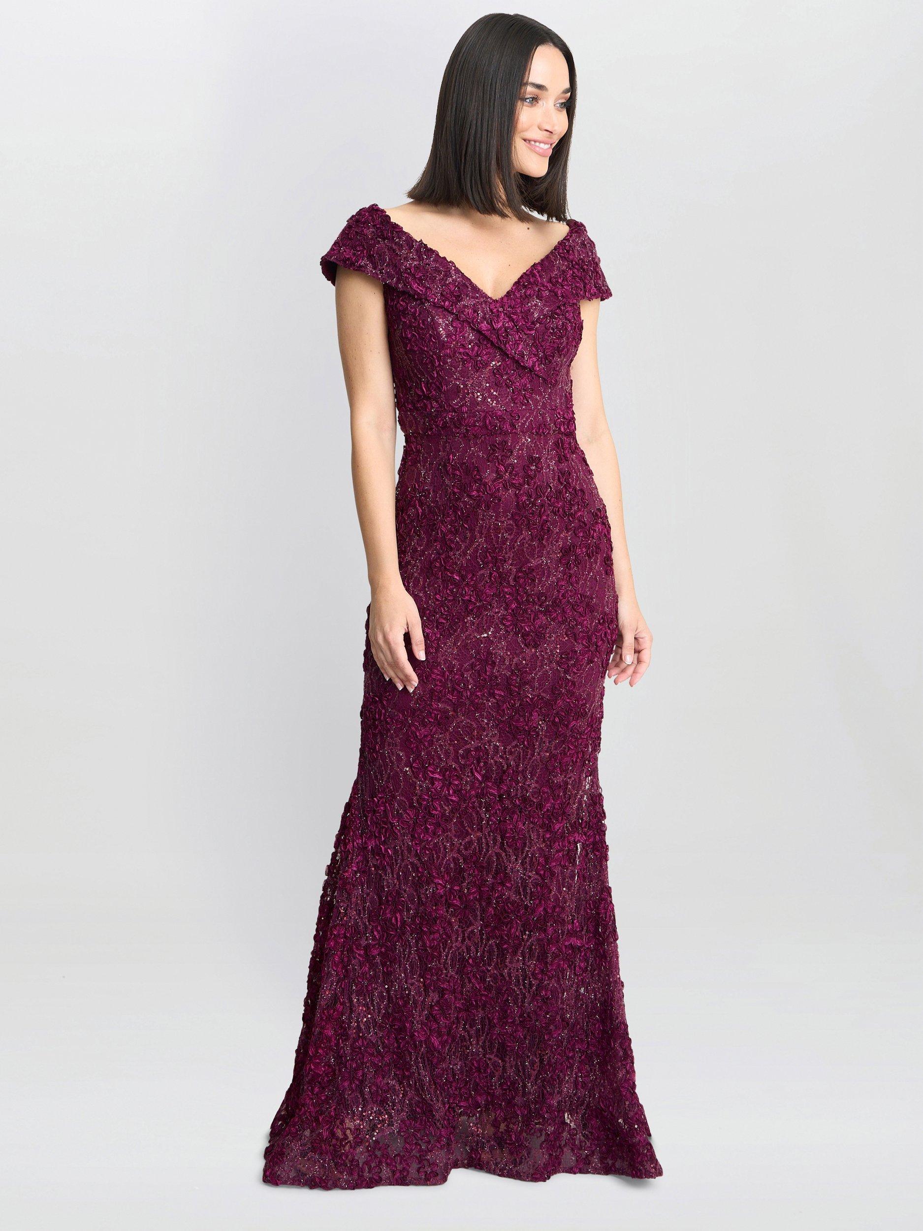 Product image 6 of 6, which shows Gina Bacconi Lace Off Shoulder Dress, Wine, 8