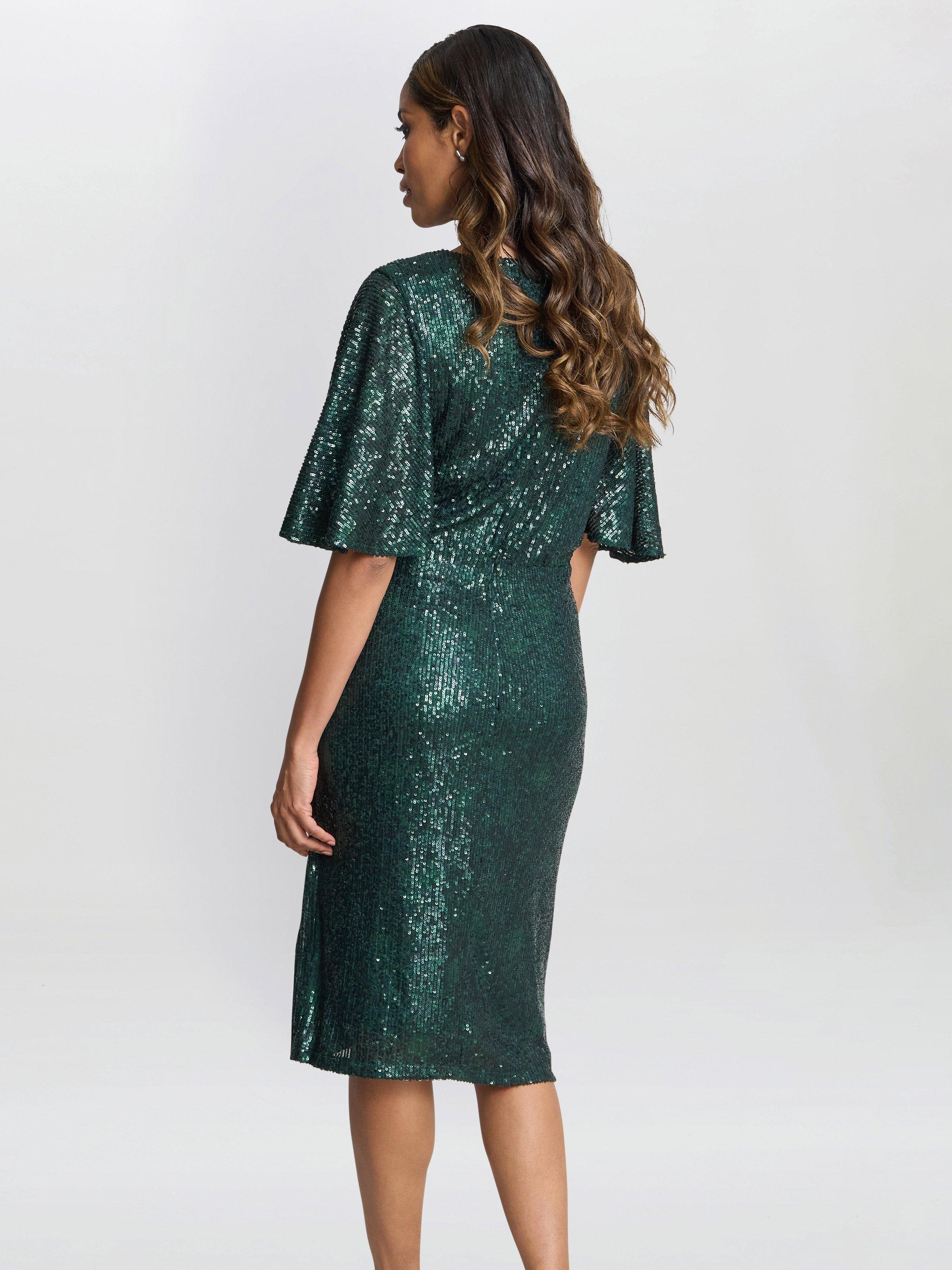 Product image 2 of 6, which shows Gina Bacconi Sparkle Faux Wrap Dress, Green, 14