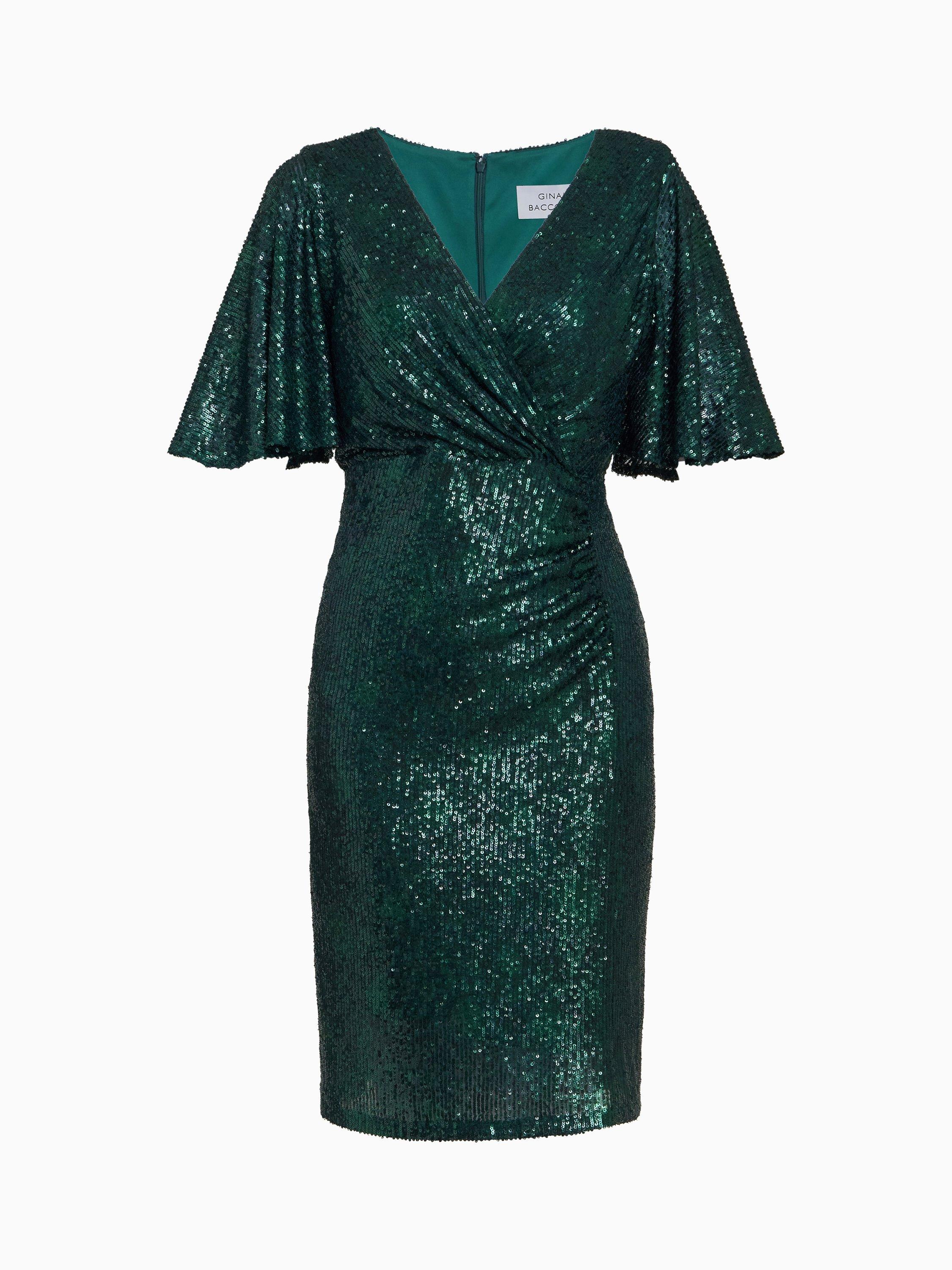 Product image 4 of 6, which shows Gina Bacconi Sparkle Faux Wrap Dress, Green, 14