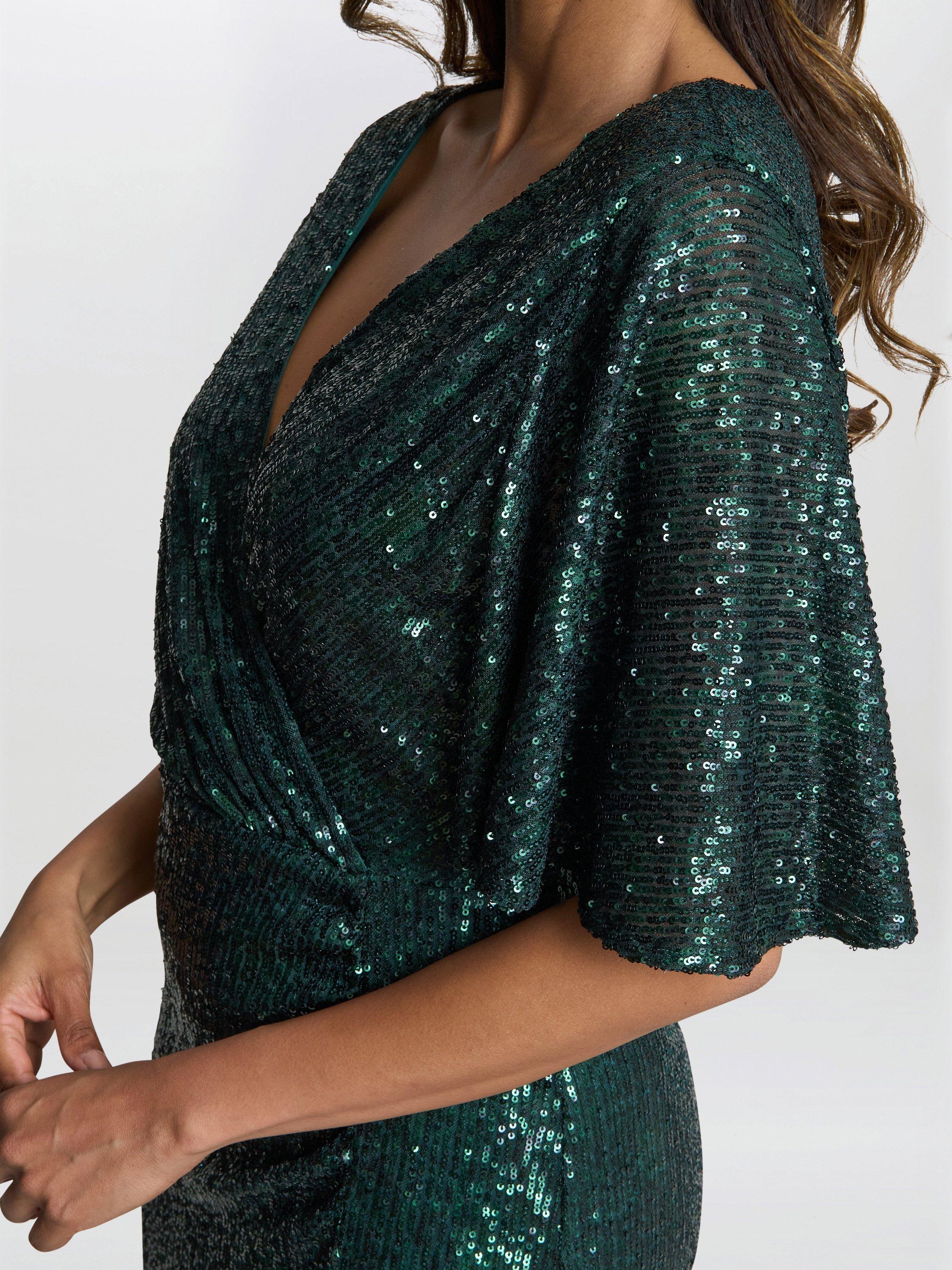 Product image 5 of 6, which shows Gina Bacconi Sparkle Faux Wrap Dress, Green, 14