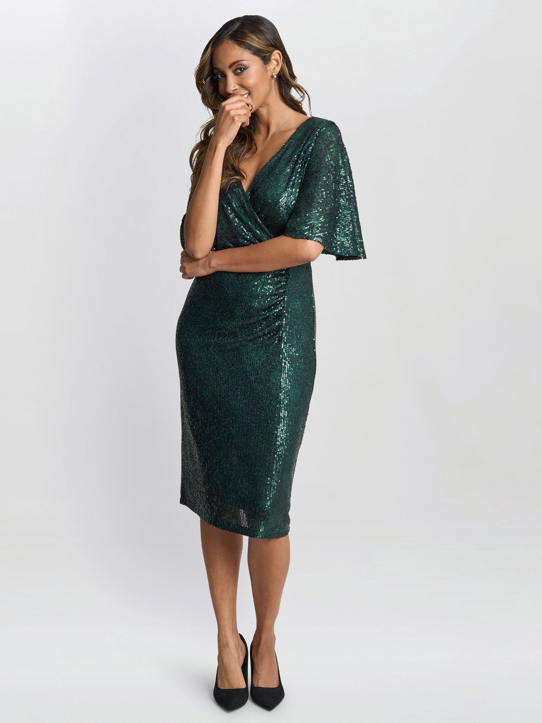 Product image 6 of 6, which shows Gina Bacconi Sparkle Faux Wrap Dress, Green, 14