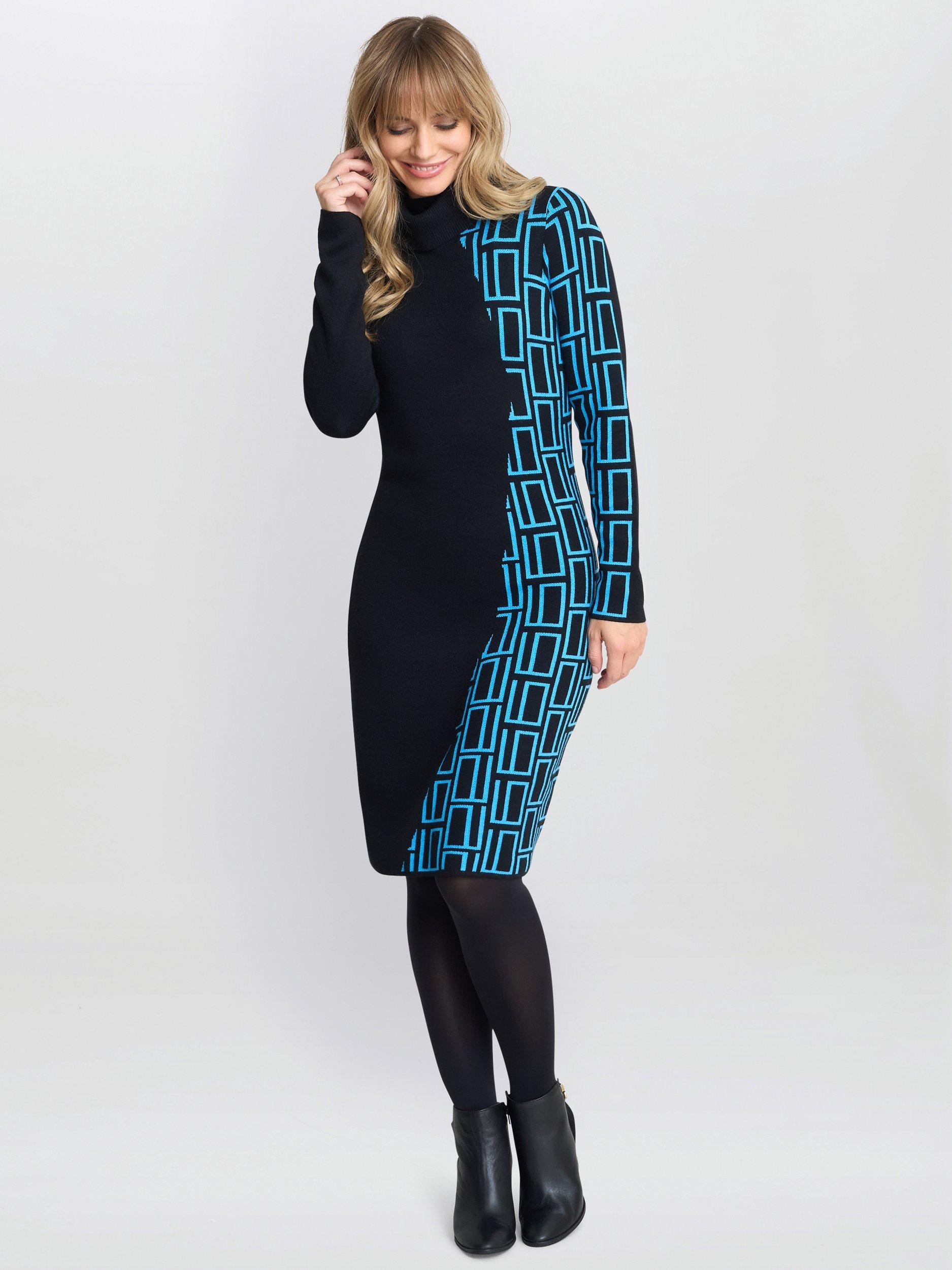 Product image 1 of 6, which shows Gina Bacconi Geometric Knit Dress, Black/Turquoise, S