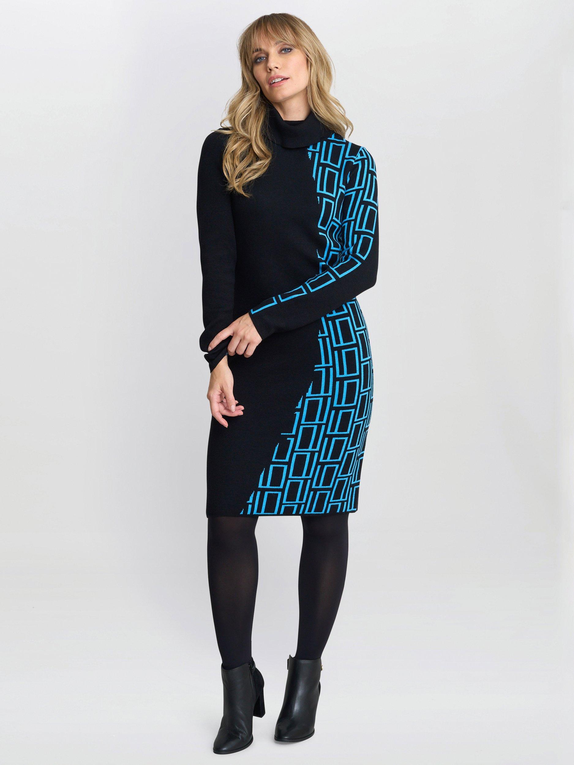 Product image 3 of 6, which shows Gina Bacconi Geometric Knit Dress, Black/Turquoise, S