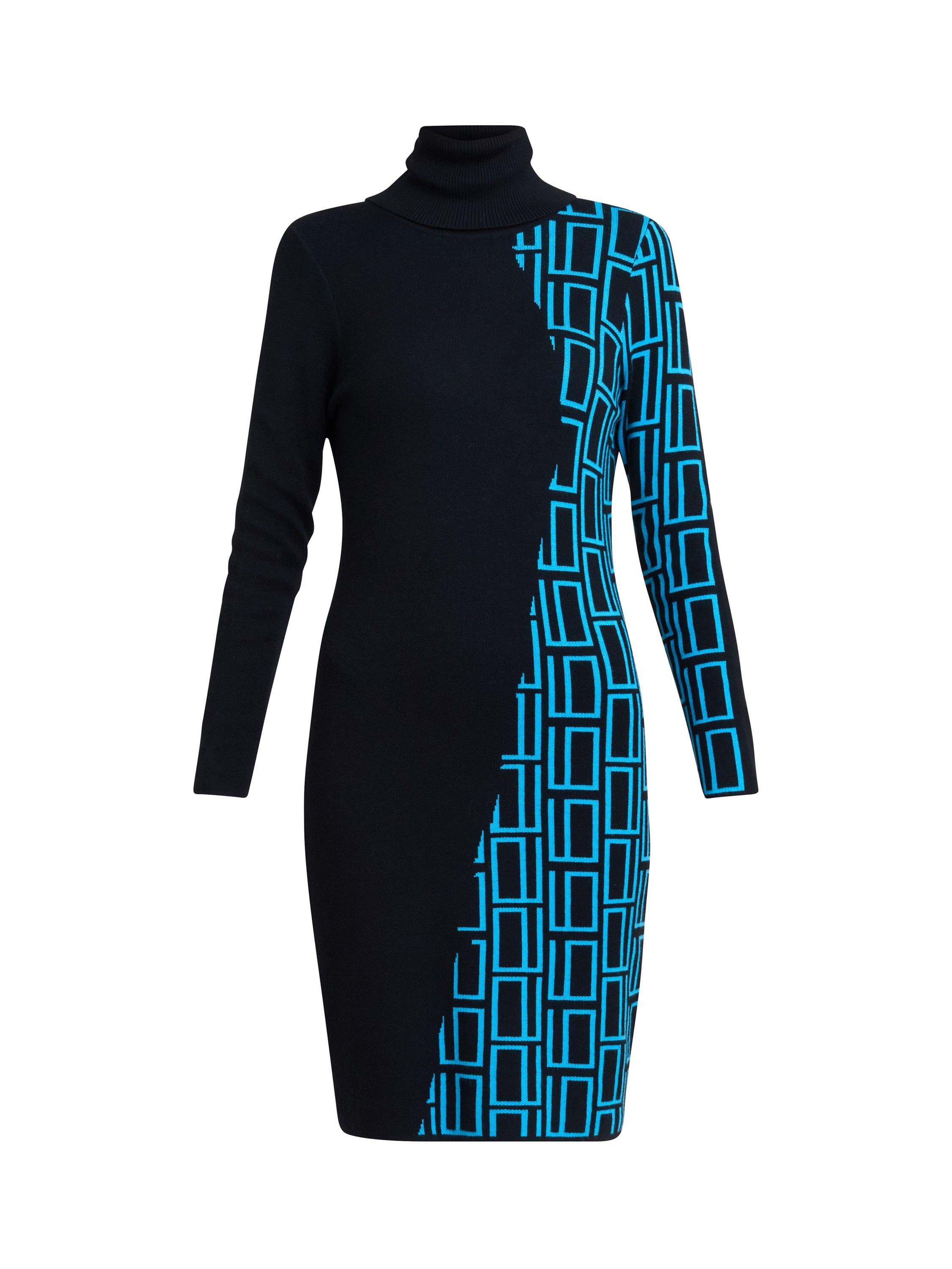 Product image 4 of 6, which shows Gina Bacconi Geometric Knit Dress, Black/Turquoise, S