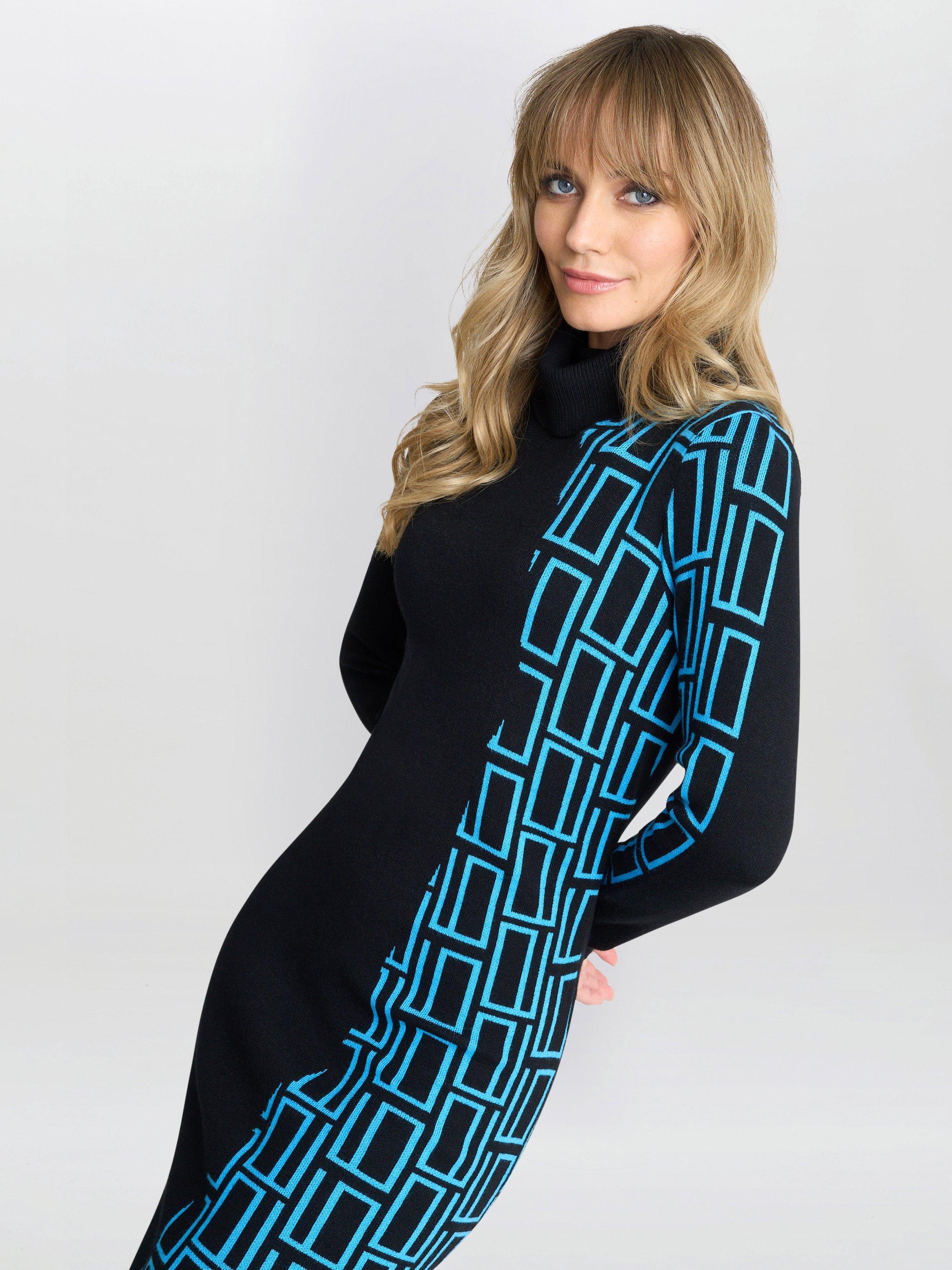 Product image 5 of 6, which shows Gina Bacconi Geometric Knit Dress, Black/Turquoise, S