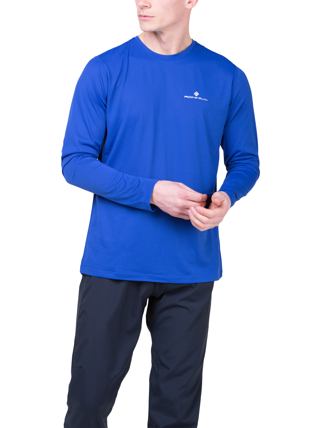 Product image 1 of 9, which shows Ronhill Men's Basic Long-Sleeved Training T-Shirt, Cobalt/Brightwhite, S