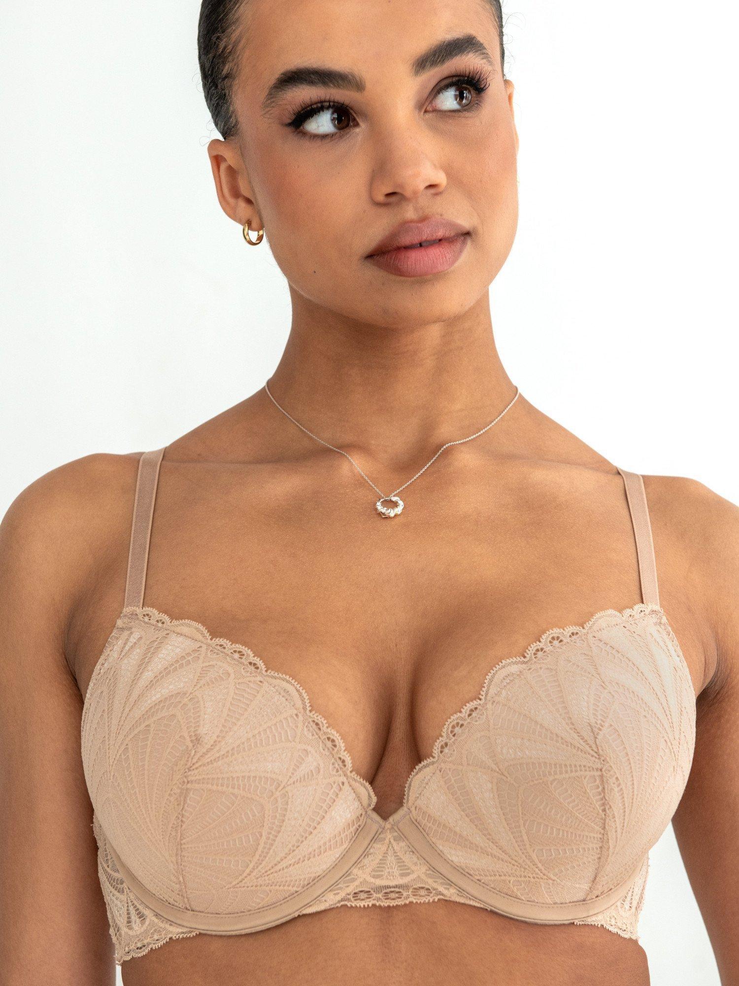 Product image 1 of 10, which shows Pour Moi New Romance Padded Push-Up Plunge Bra, Almond, 32A