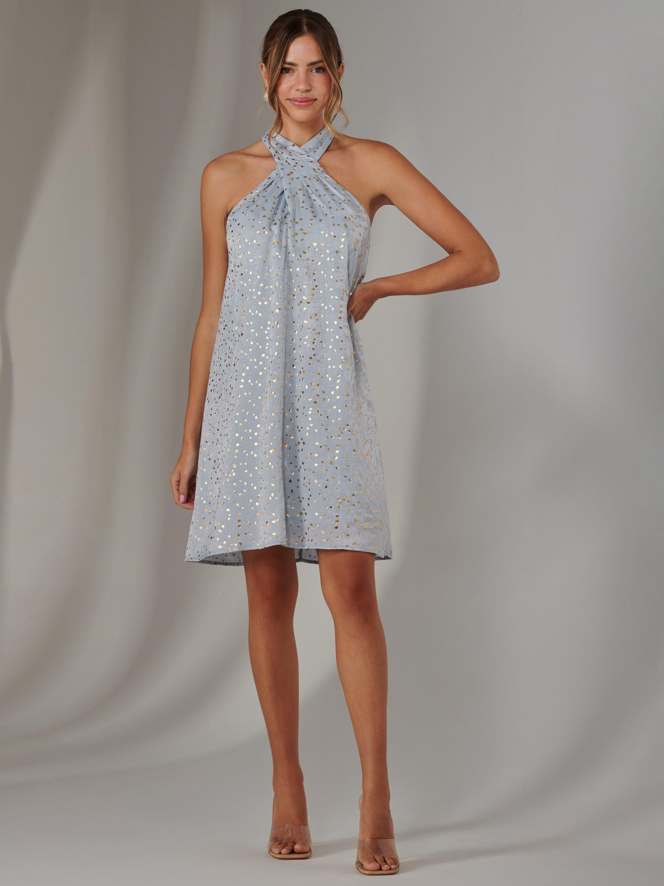 Product image 3 of 7, which shows Jolie Moi Metallic Print Halter Neck Tie Mini Dress, Light Blue, 8