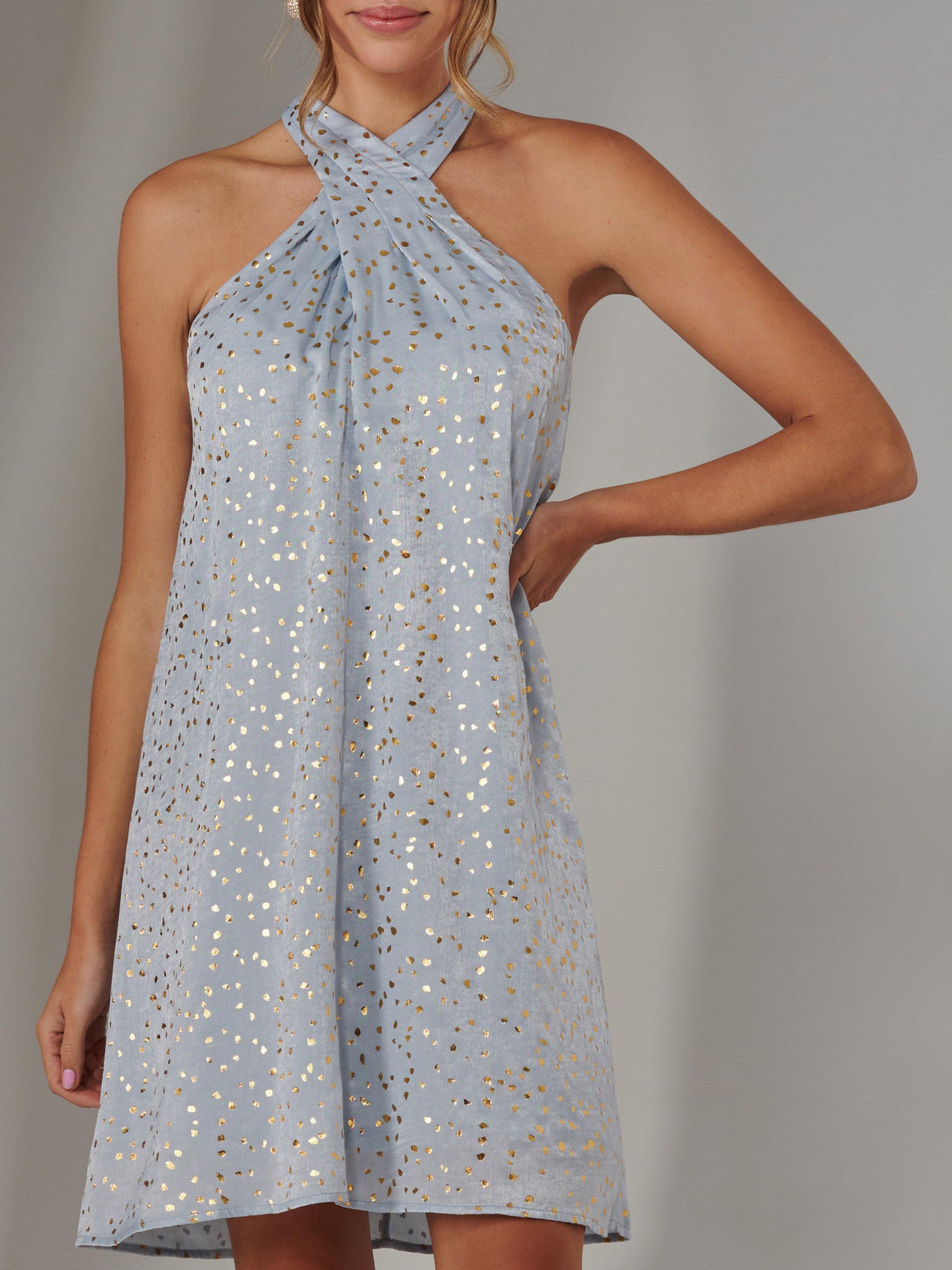 Product image 4 of 7, which shows Jolie Moi Metallic Print Halter Neck Tie Mini Dress, Light Blue, 8